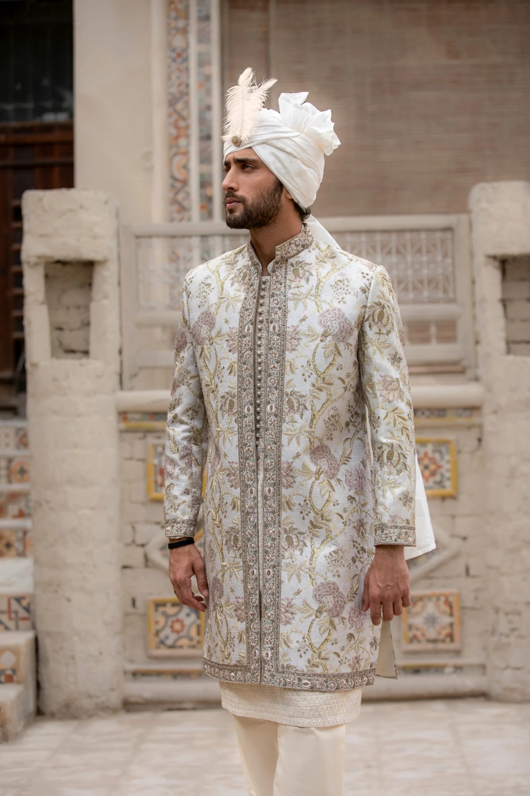 Beige Embroidered Brocade Groom Sherwani (3-Piece) - Image 3