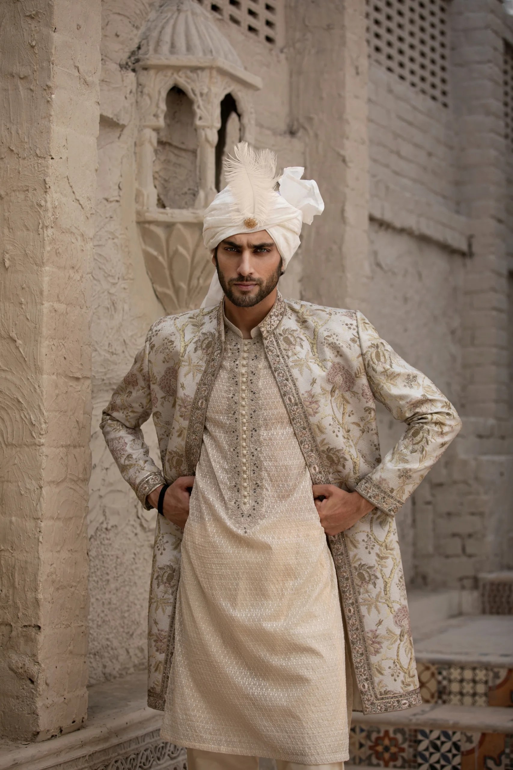 Beige Embroidered Brocade Groom Sherwani (3-Piece) - Image 5