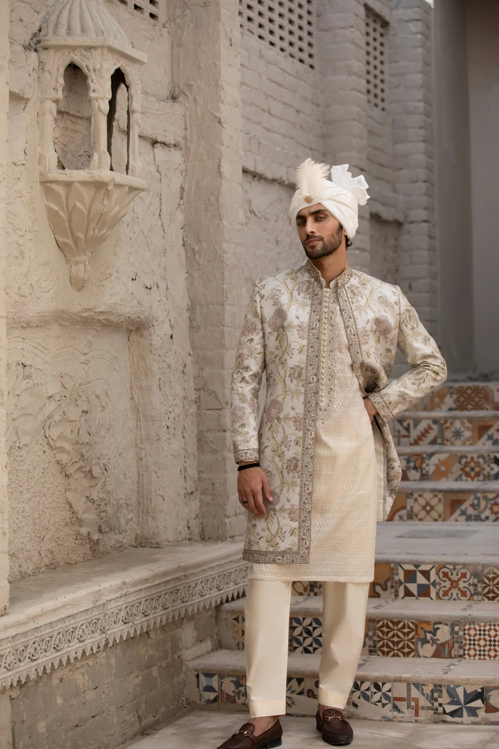Beige Embroidered Brocade Groom Sherwani (3-Piece) - Image 7