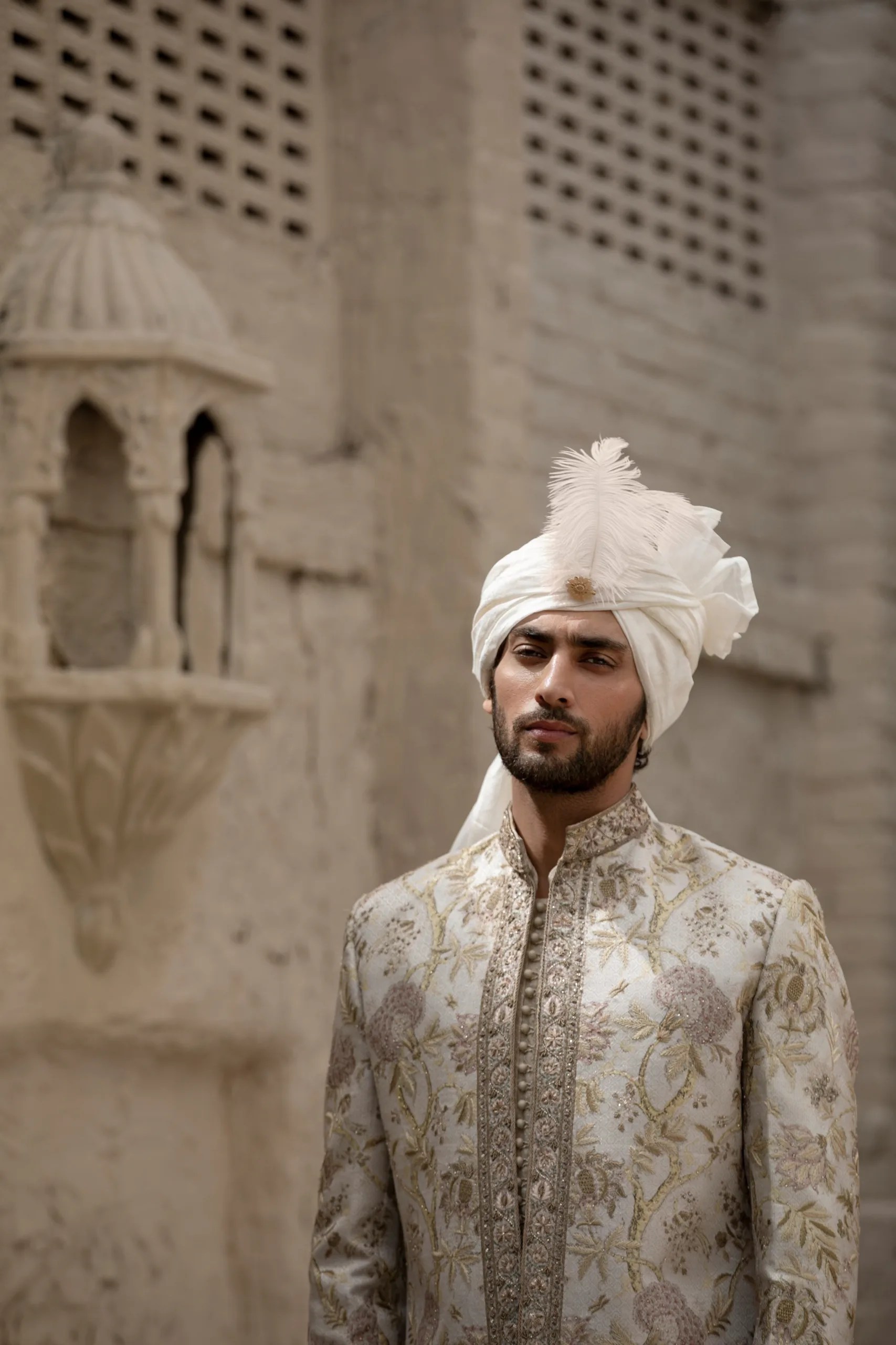 Beige Embroidered Brocade Groom Sherwani (3-Piece) - Image 8