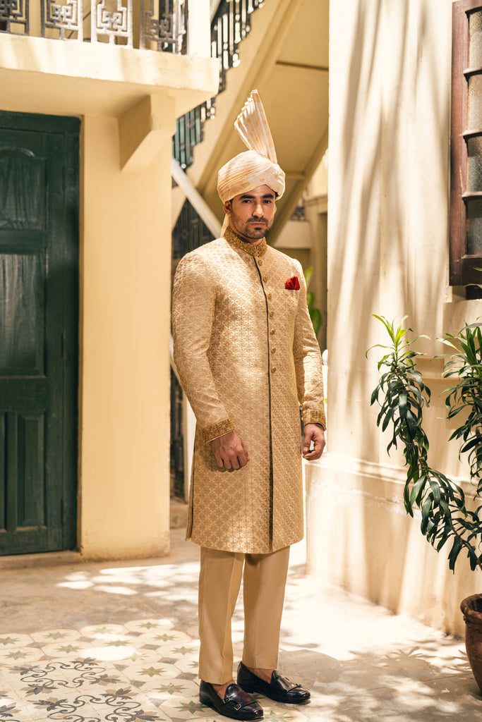 Beige Star-Embroidered Brocade Sherwani (4-Piece) - Image 1
