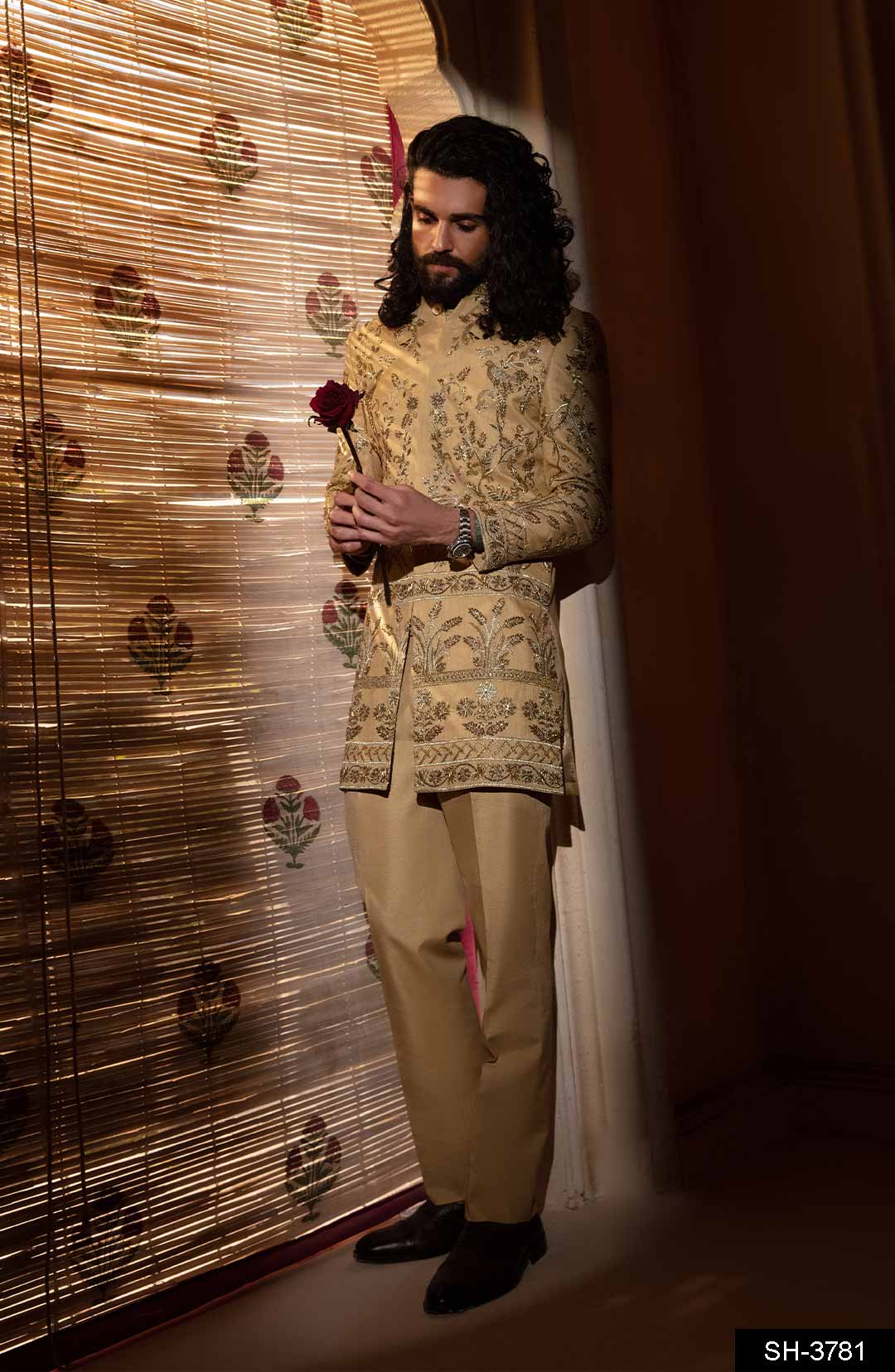 Beige Brocade Sherwani with Gold Embroidery (3-Piece) - Image 1