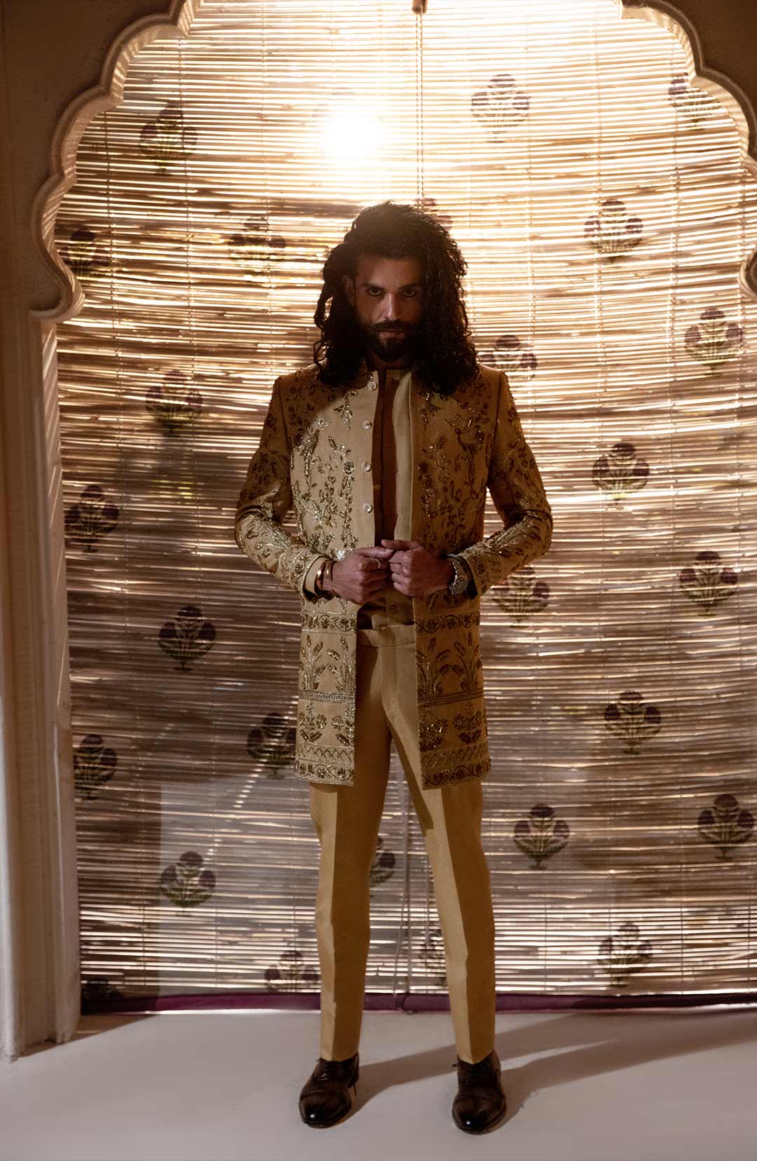 Beige Brocade Sherwani with Gold Embroidery (3-Piece) - Image 2