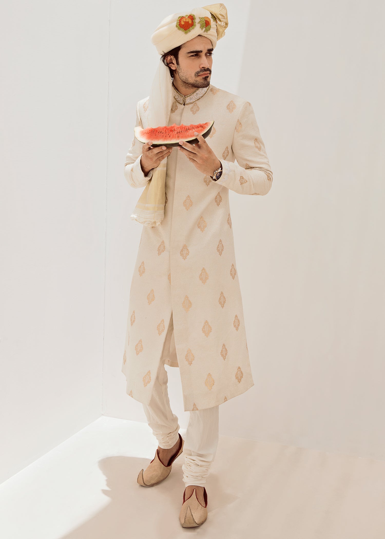 Beige Brocade Jamawaar Sherwani (3-Piece) - Image 1