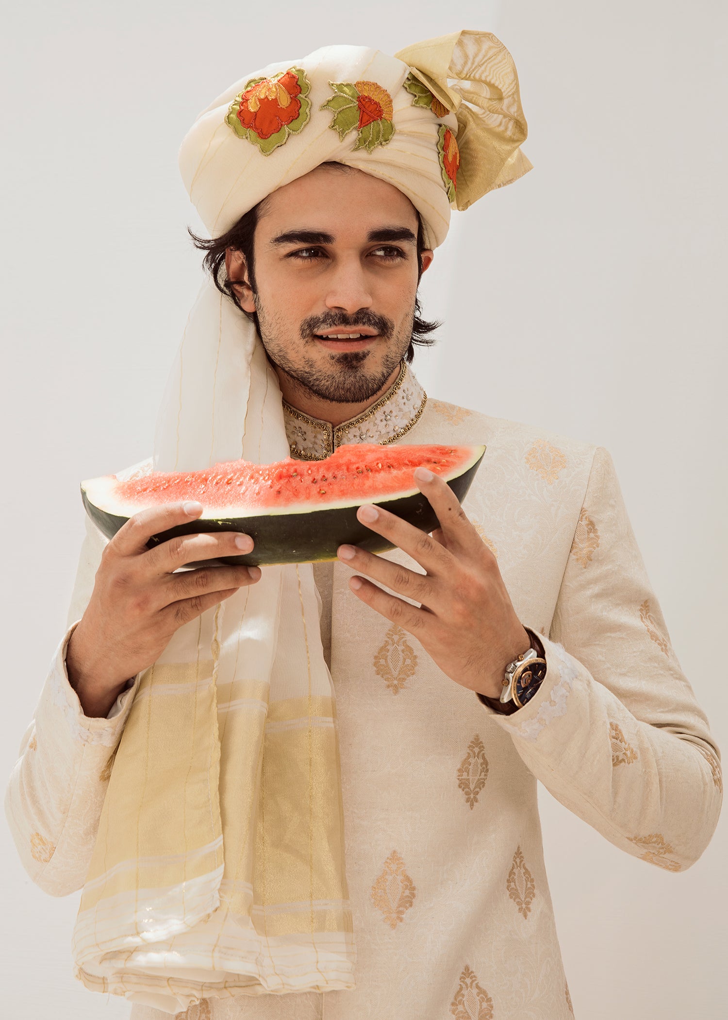 Beige Brocade Jamawaar Sherwani (3-Piece) - Image 4