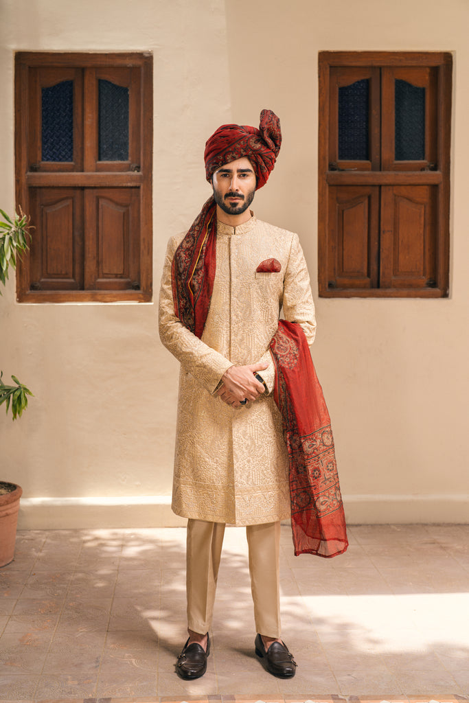 Beige Embroidered Brocade Groom Sherwani (3-Piece) - Image 1