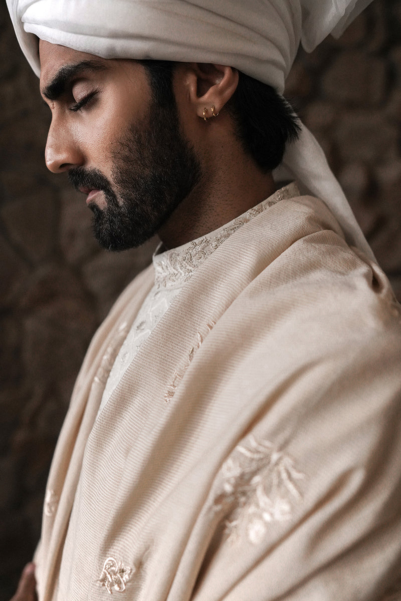 Beige Hand-Embroidered Cotton-Silk Shawl (1-Pc) - Image 1