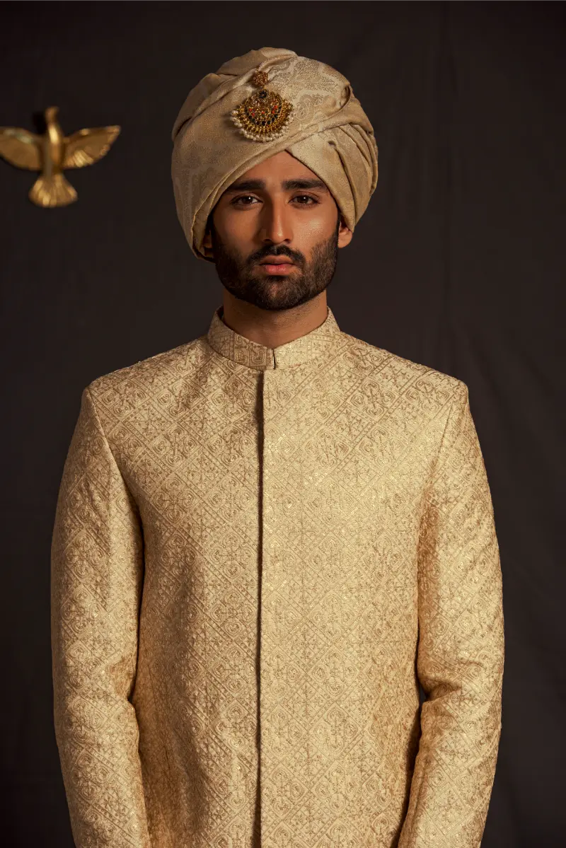 Beige Embroidered Masoori Sherwani (2-Piece) - Image 3