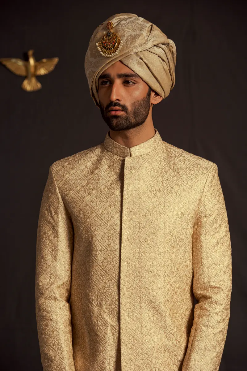 Beige Embroidered Masoori Sherwani (2-Piece) - Image 4