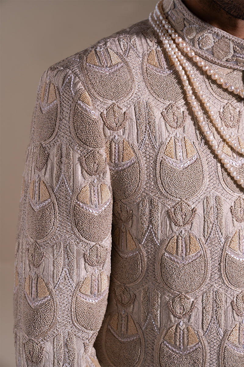 Taupe Kashmiri Embroidered Handloom Sherwani (2-Piece) - Image 3