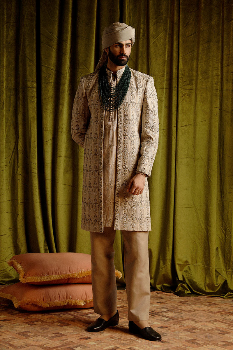 Beige Dabka & Sequin Jacquard Sherwani (3-Piece) - Image 1