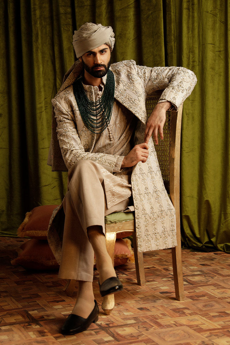 Beige Dabka & Sequin Jacquard Sherwani (3-Piece) - Image 2