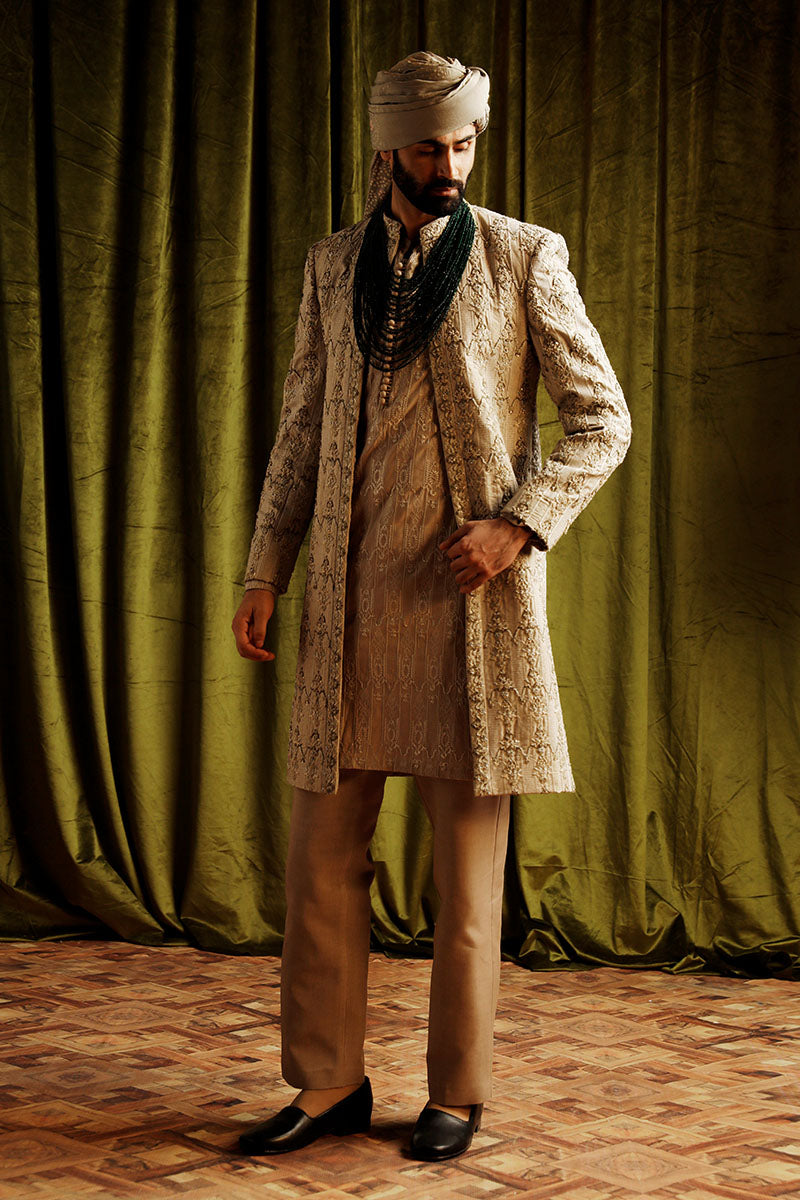 Beige Dabka & Sequin Jacquard Sherwani (3-Piece) - Image 4