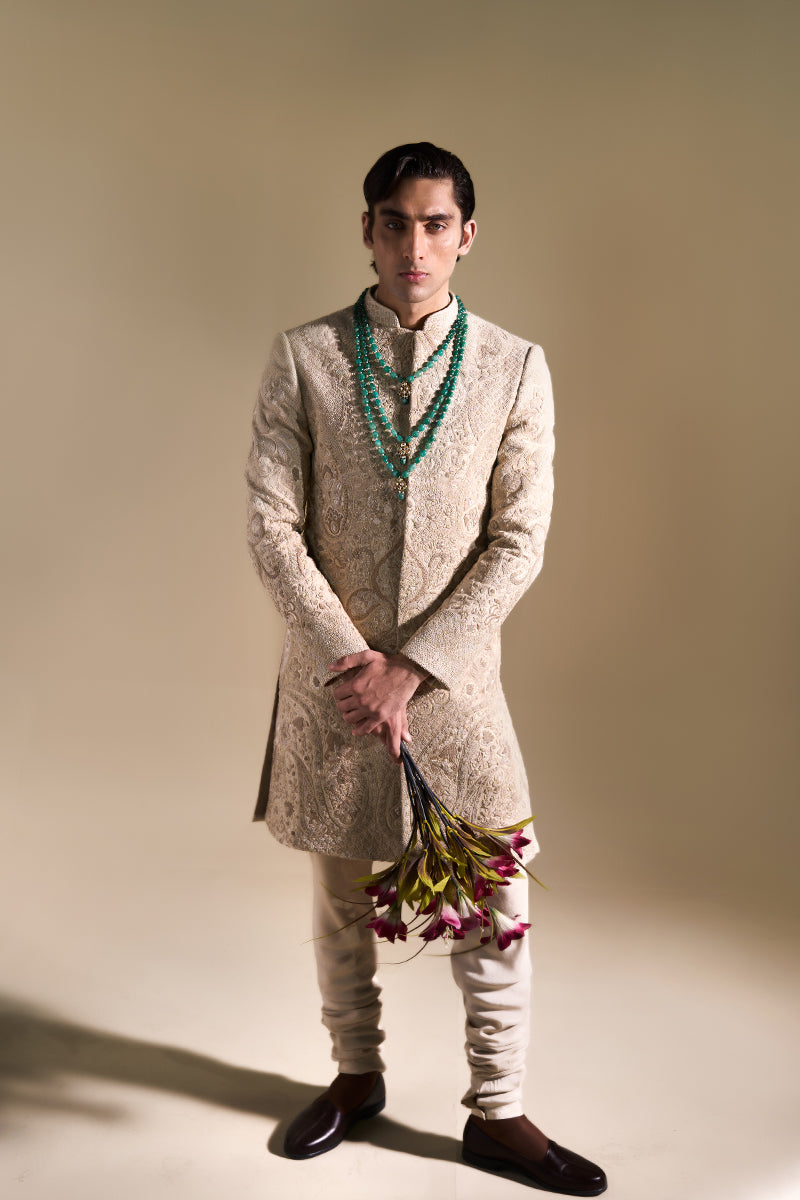 Beige Hand Embroidered Jacquard Sherwani (2-Piece) - Image 1