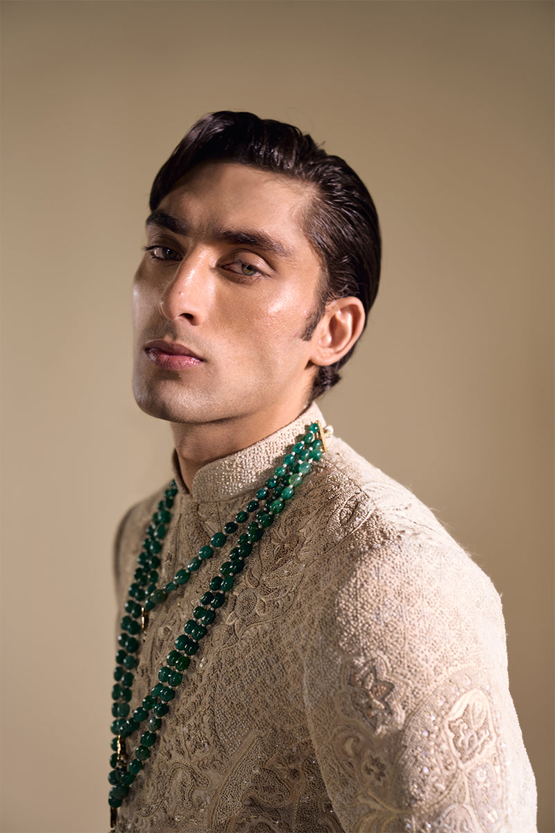 Beige Hand Embroidered Jacquard Sherwani (2-Piece) - Image 10