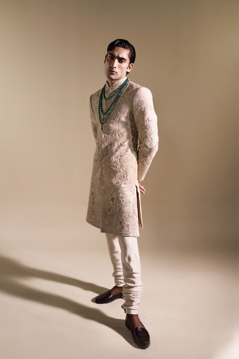 Beige Hand Embroidered Jacquard Sherwani (2-Piece) - Image 11