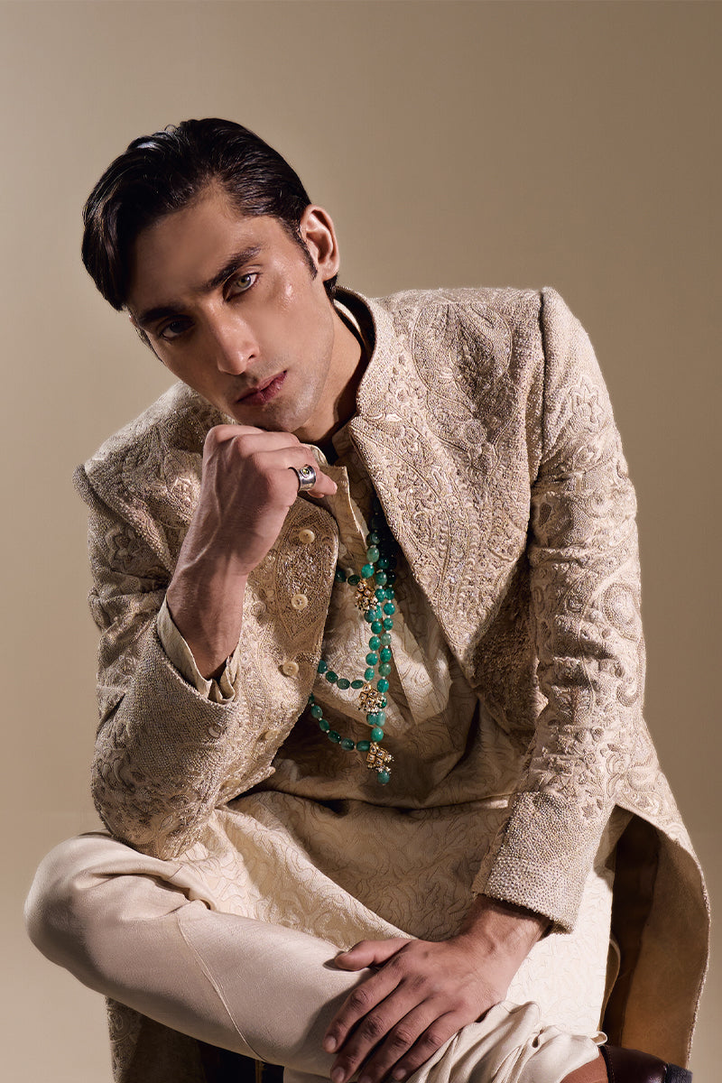 Beige Hand Embroidered Jacquard Sherwani (2-Piece) - Image 12