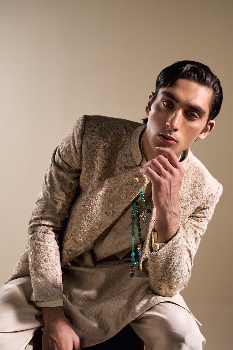 Beige Hand Embroidered Jacquard Sherwani (2-Piece) - Image 13