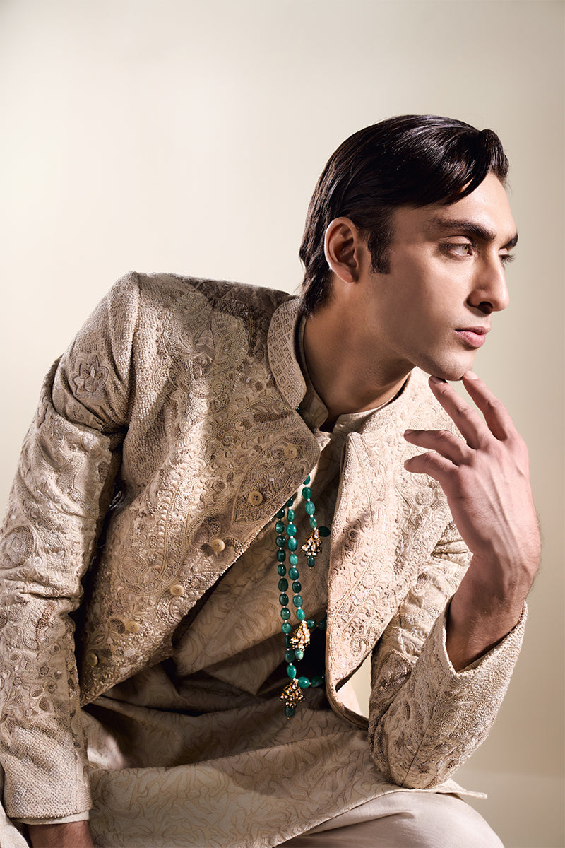 Beige Hand Embroidered Jacquard Sherwani (2-Piece) - Image 14
