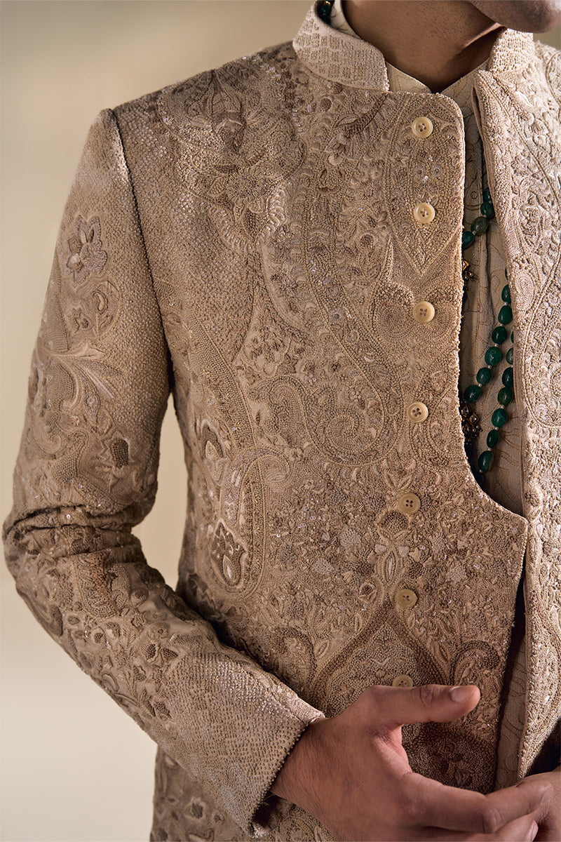 Beige Hand Embroidered Jacquard Sherwani (2-Piece) - Image 15