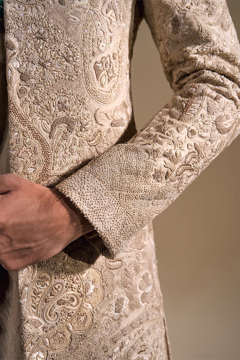 Beige Hand Embroidered Jacquard Sherwani (2-Piece) - Image 16