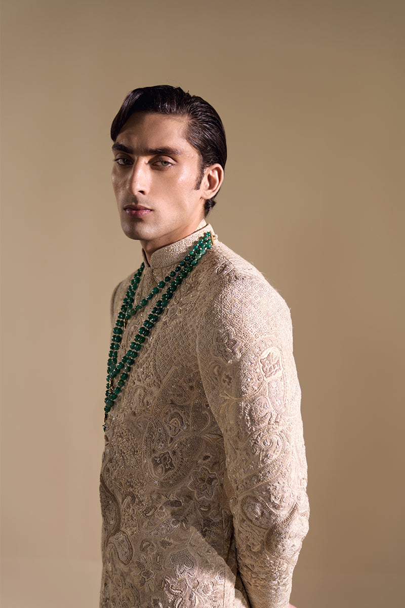 Beige Hand Embroidered Jacquard Sherwani (2-Piece) - Image 2