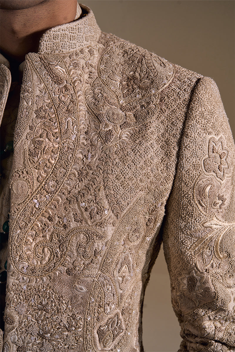 Beige Hand Embroidered Jacquard Sherwani (2-Piece) - Image 3