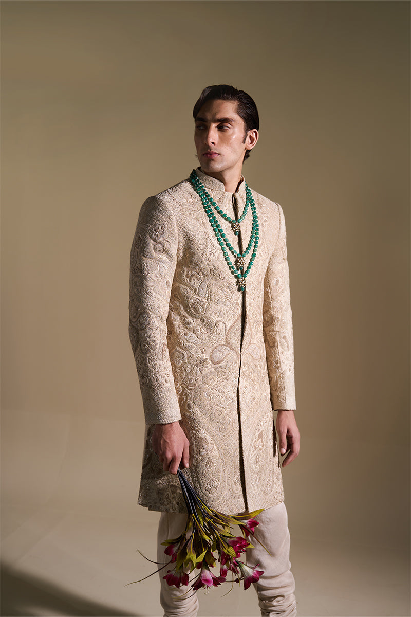 Beige Hand Embroidered Jacquard Sherwani (2-Piece) - Image 4
