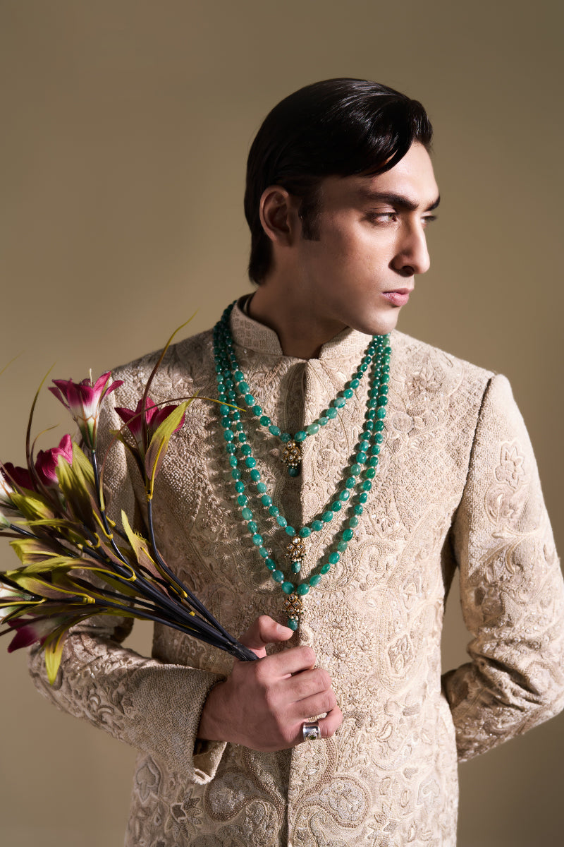 Beige Hand Embroidered Jacquard Sherwani (2-Piece) - Image 5