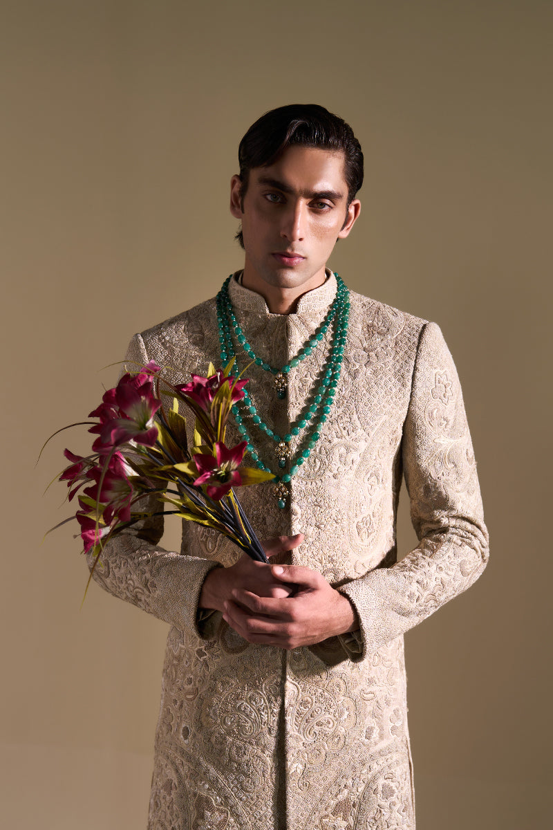 Beige Hand Embroidered Jacquard Sherwani (2-Piece) - Image 6