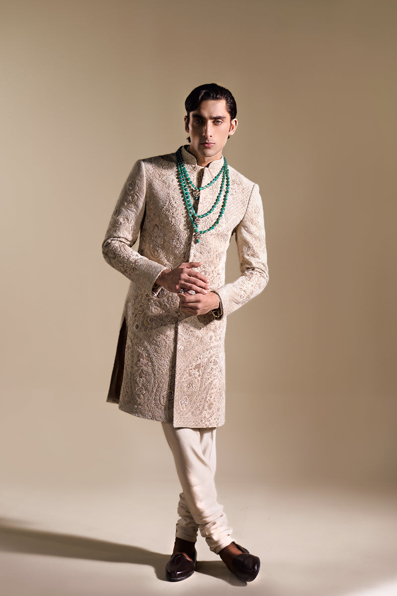 Beige Hand Embroidered Jacquard Sherwani (2-Piece) - Image 7