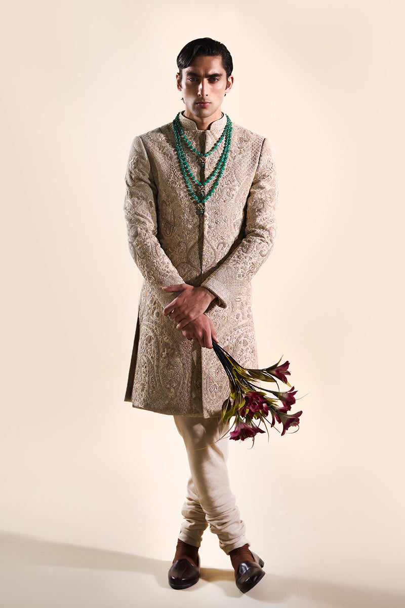 Beige Hand Embroidered Jacquard Sherwani (2-Piece) - Image 8
