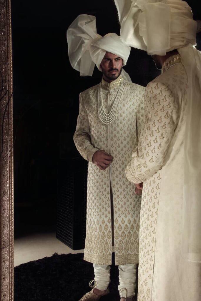 Beige Gold Embroidered Jacquard Sherwani (3-Piece) - Image 1