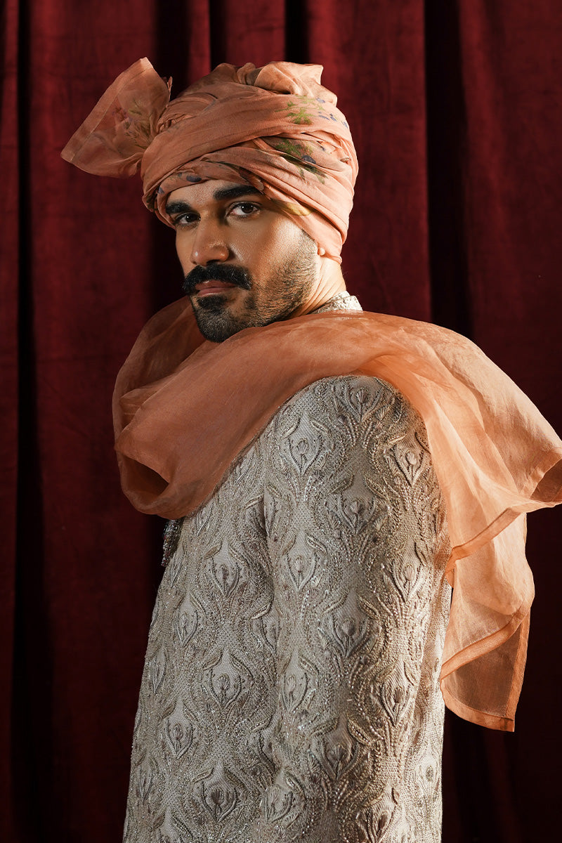 Beige Resham Sequin Jacquard Sherwani (3-Piece) - Image 3