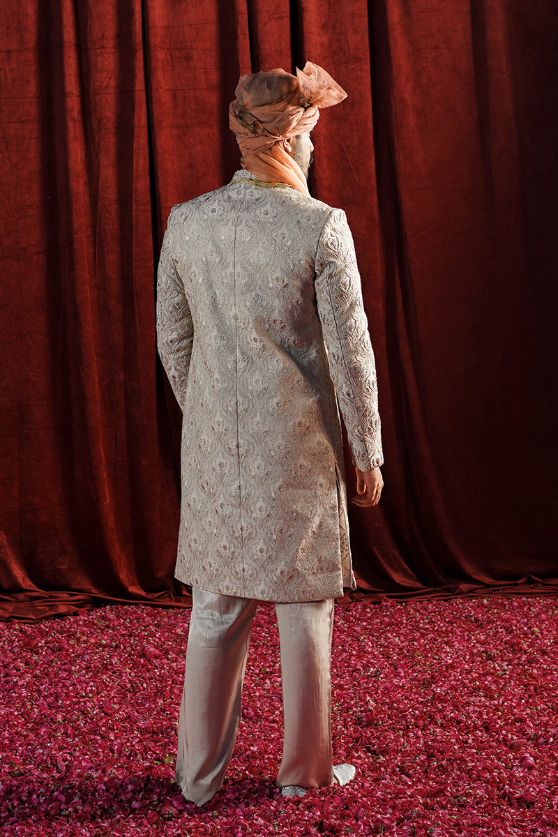 Beige Resham Sequin Jacquard Sherwani (3-Piece) - Image 4