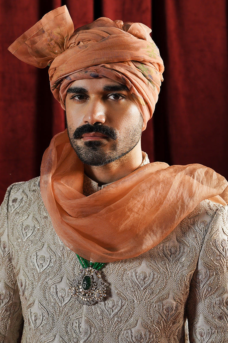 Beige Resham Sequin Jacquard Sherwani (3-Piece) - Image 4