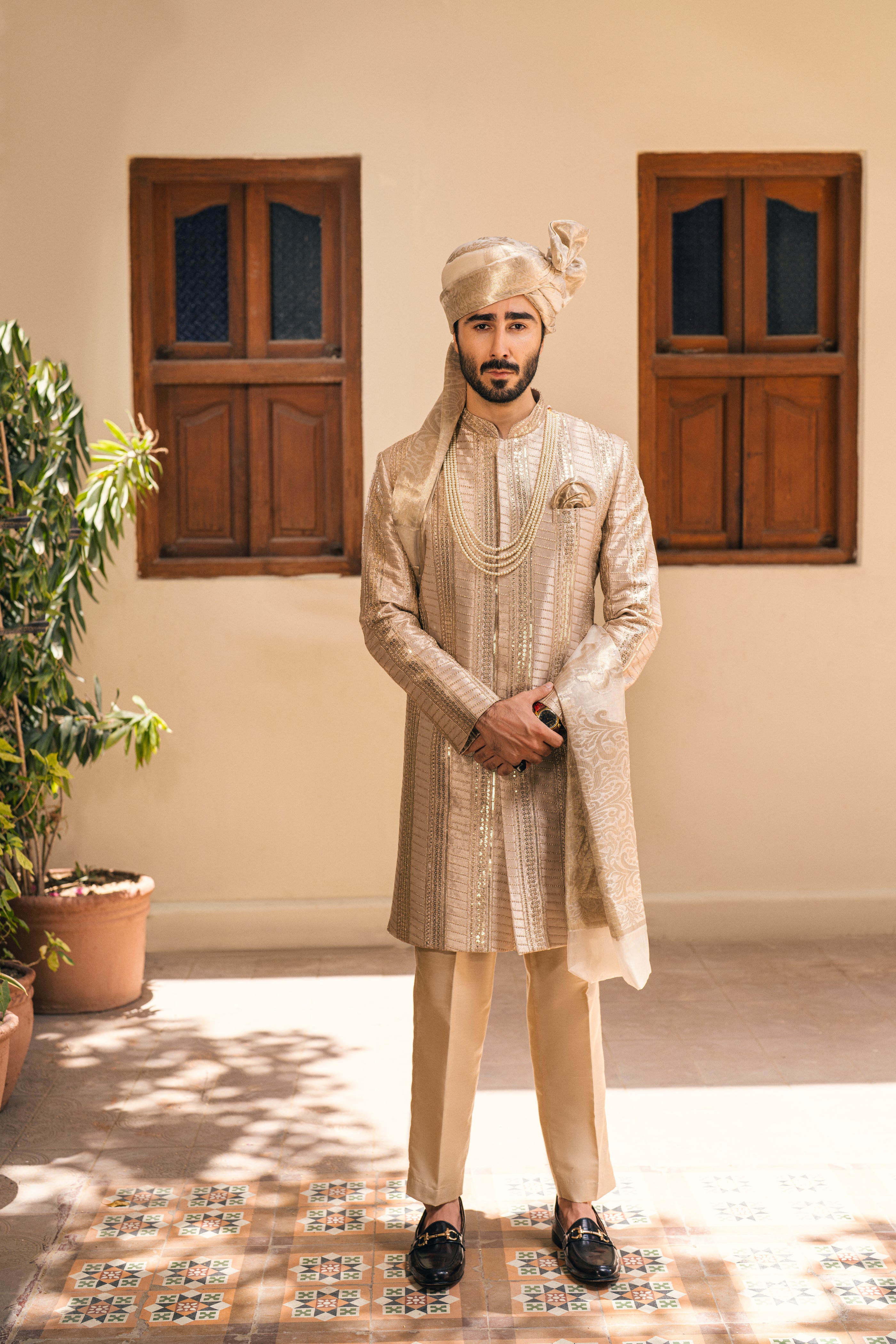 Beige Self-Embroidered Jacquard Groom Sherwani (5-Piece) - Image 2