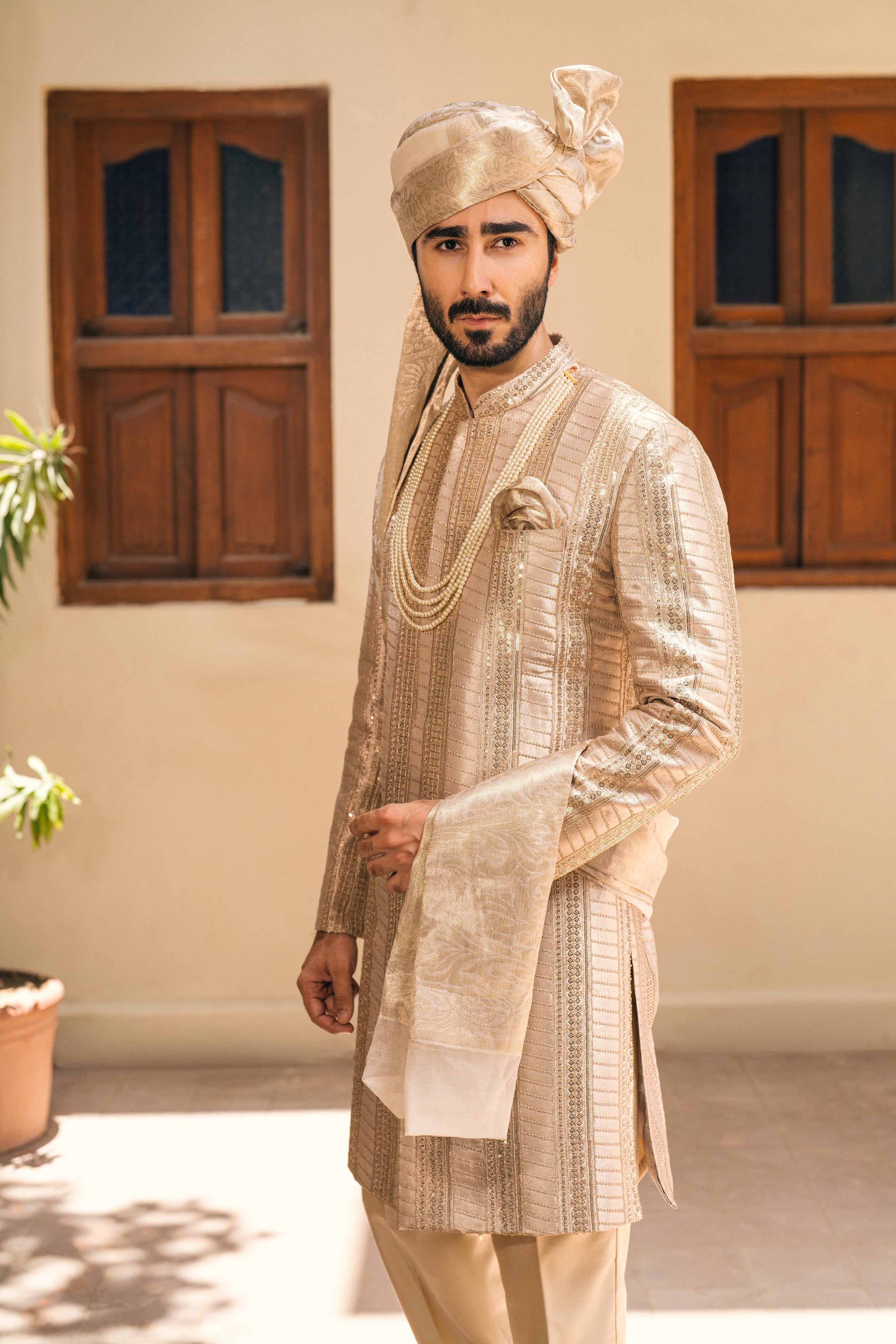 Beige Self-Embroidered Jacquard Groom Sherwani (5-Piece) - Image 3