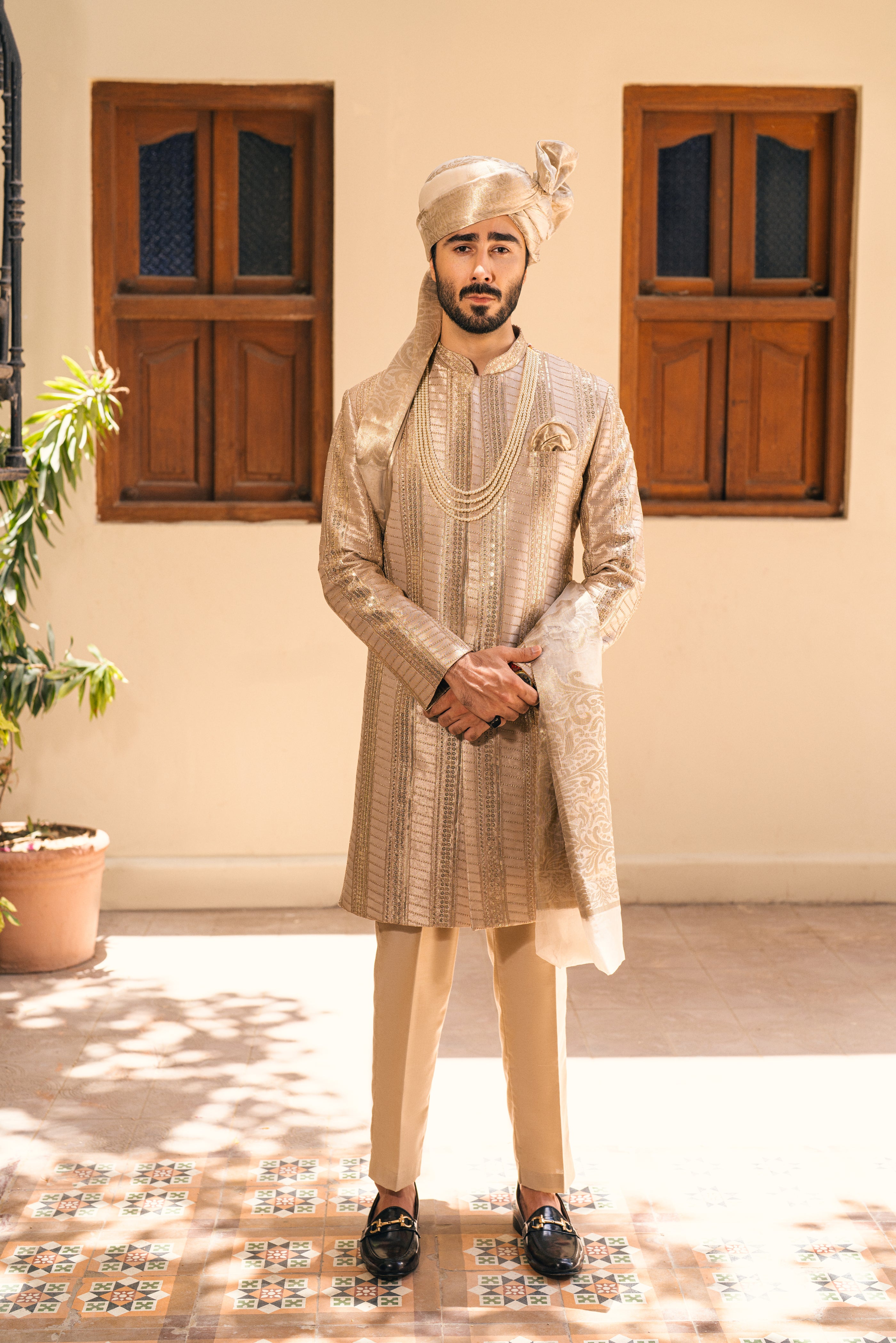 Beige Self-Embroidered Jacquard Groom Sherwani (5-Piece) - Image 4