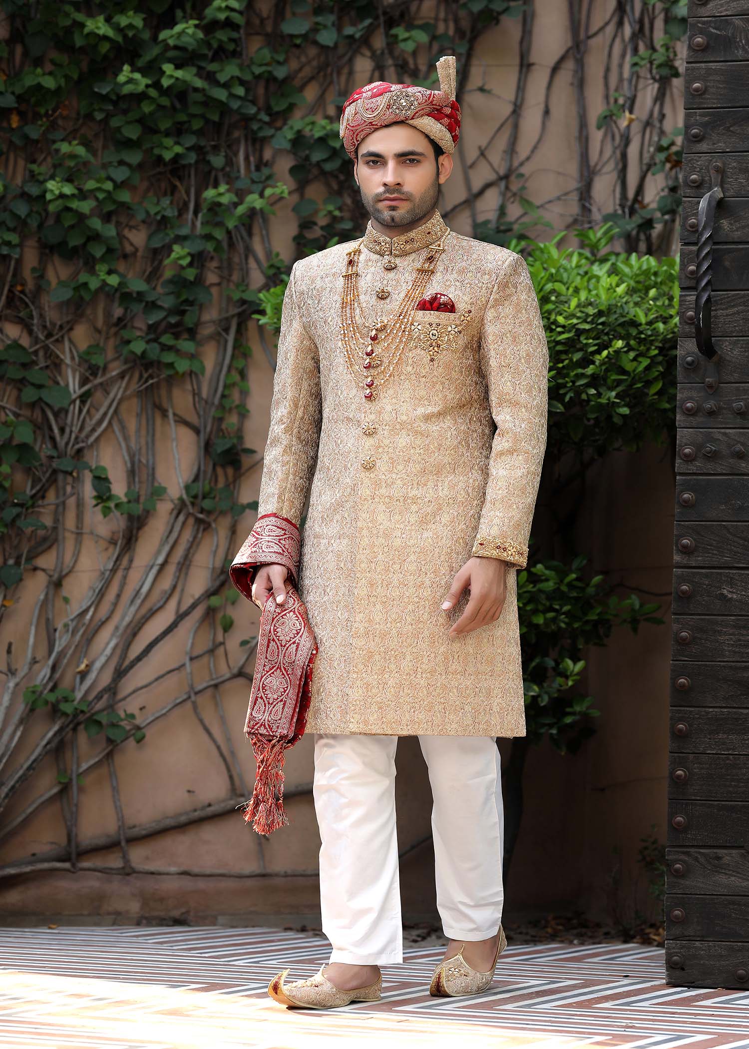 Beige Hand-Embroidered Jamawar Sherwani (5-Piece) - Image 1