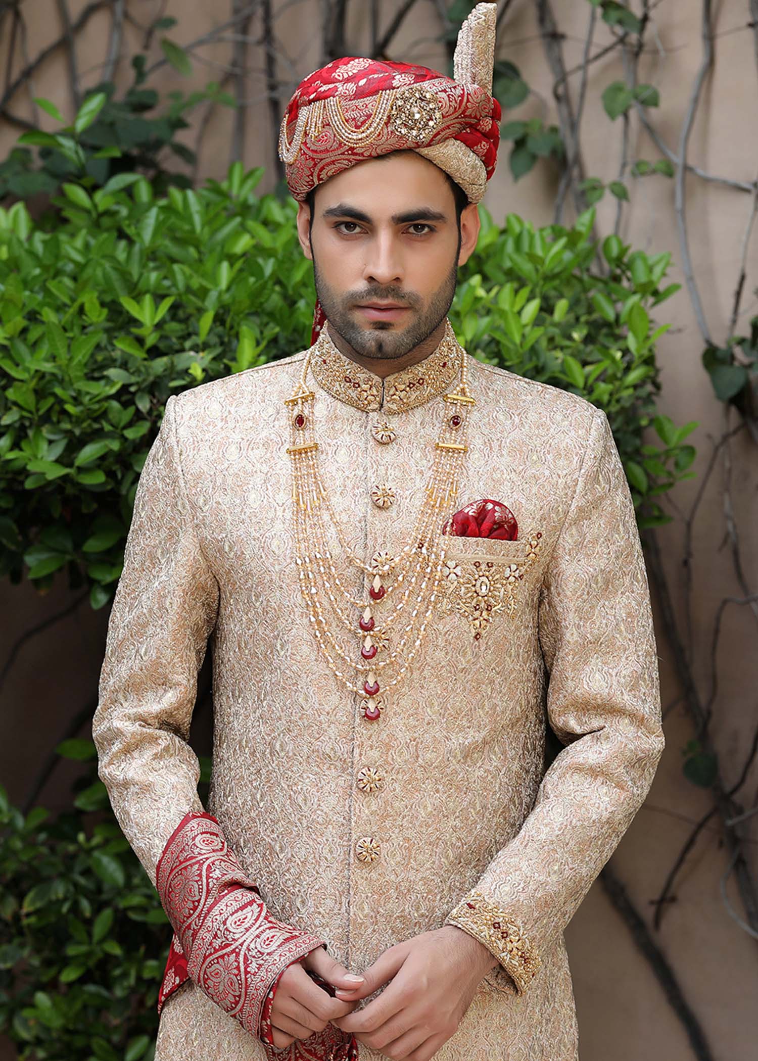 Beige Hand-Embroidered Jamawar Sherwani (5-Piece) - Image 2