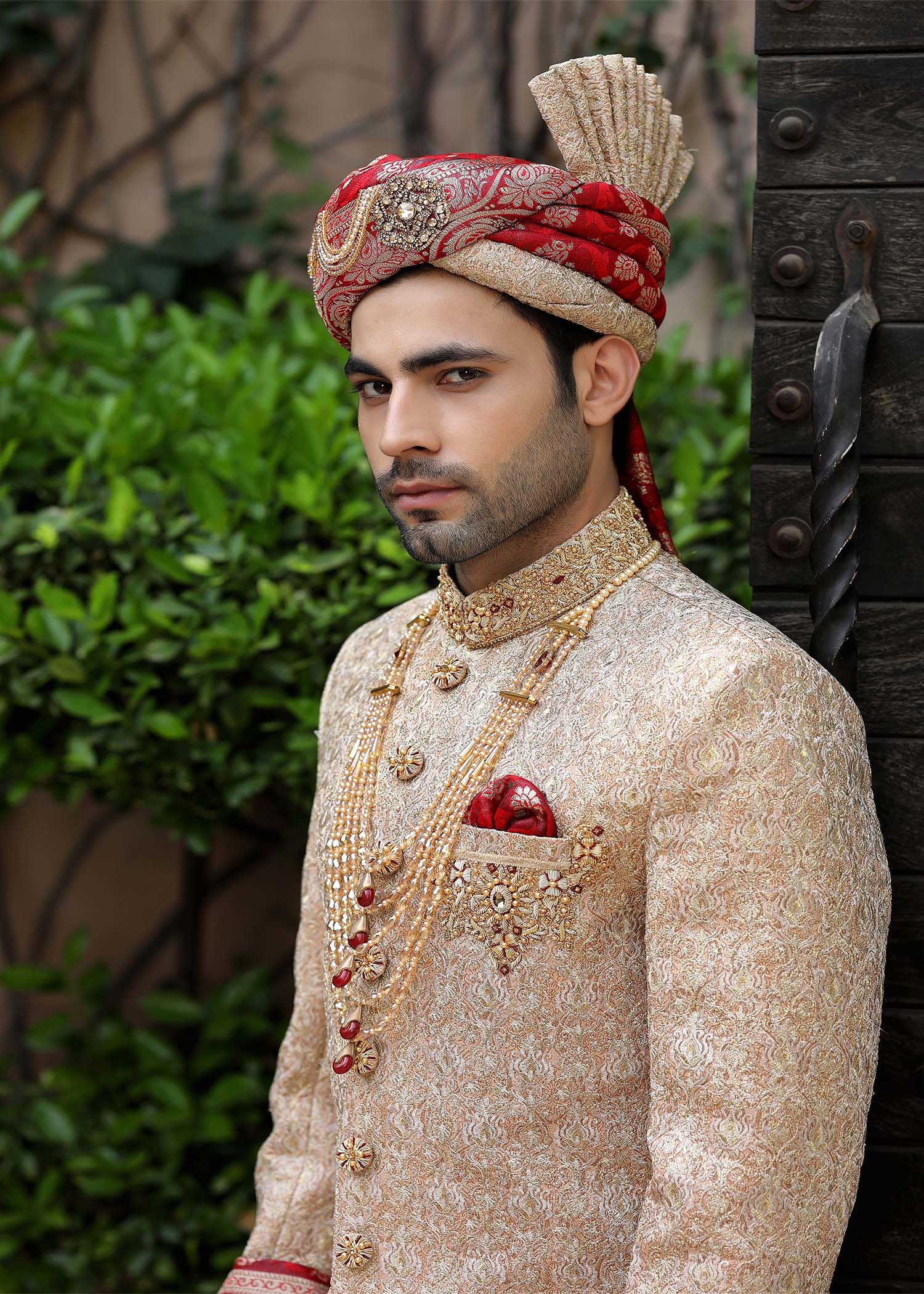Beige Hand-Embroidered Jamawar Sherwani (5-Piece) - Image 3