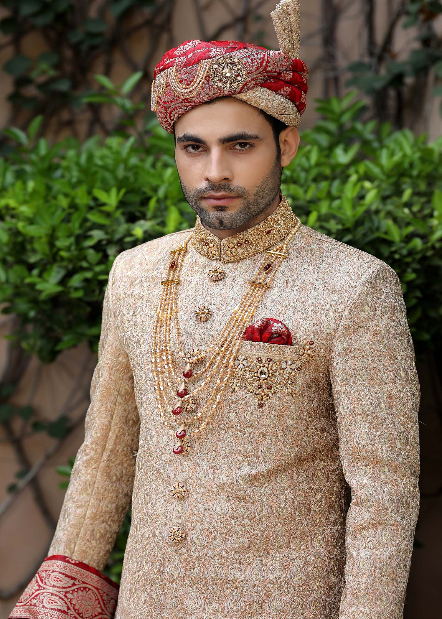 Beige Hand-Embroidered Jamawar Sherwani (5-Piece) - Image 4