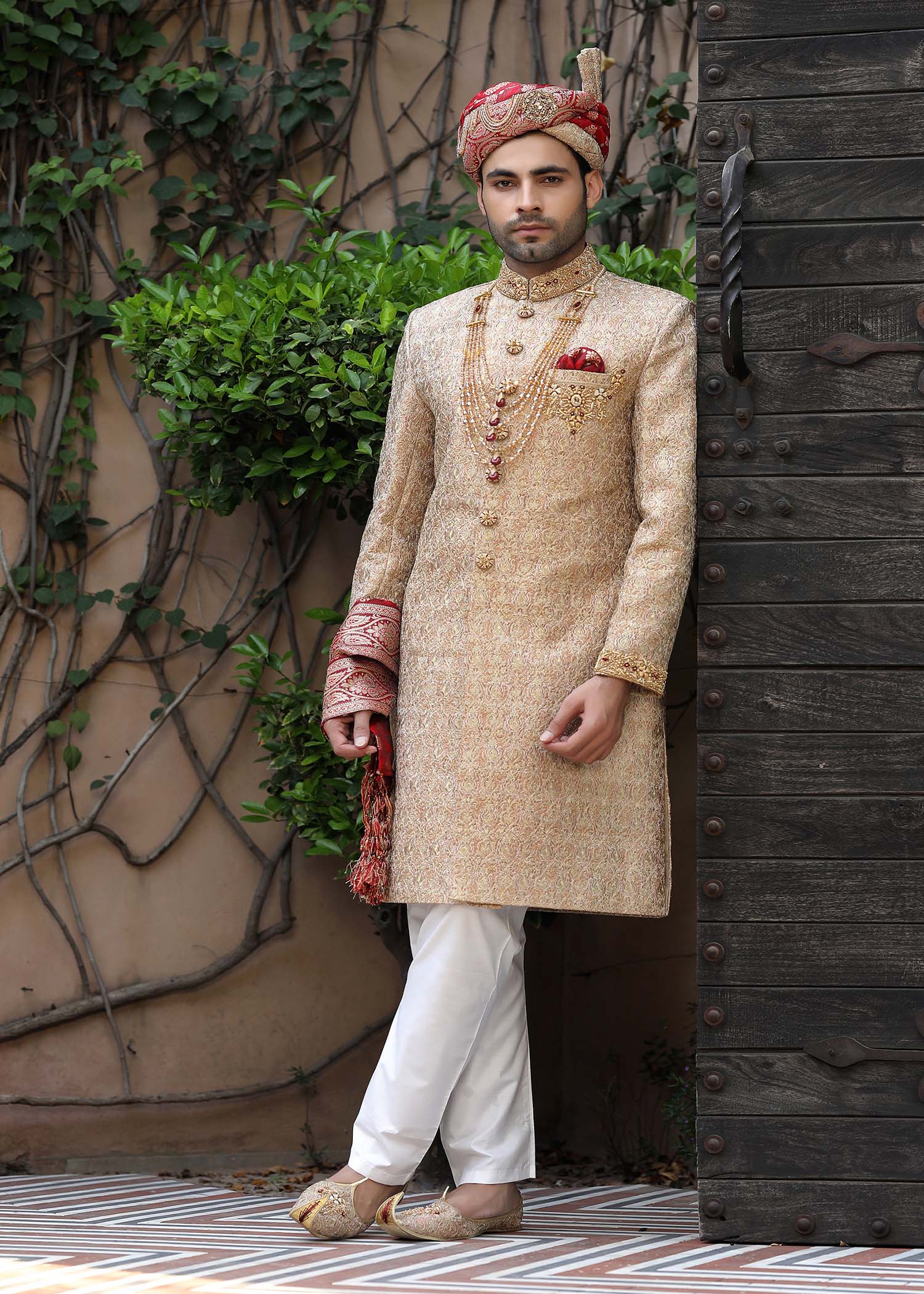 Beige Hand-Embroidered Jamawar Sherwani (5-Piece) - Image 5