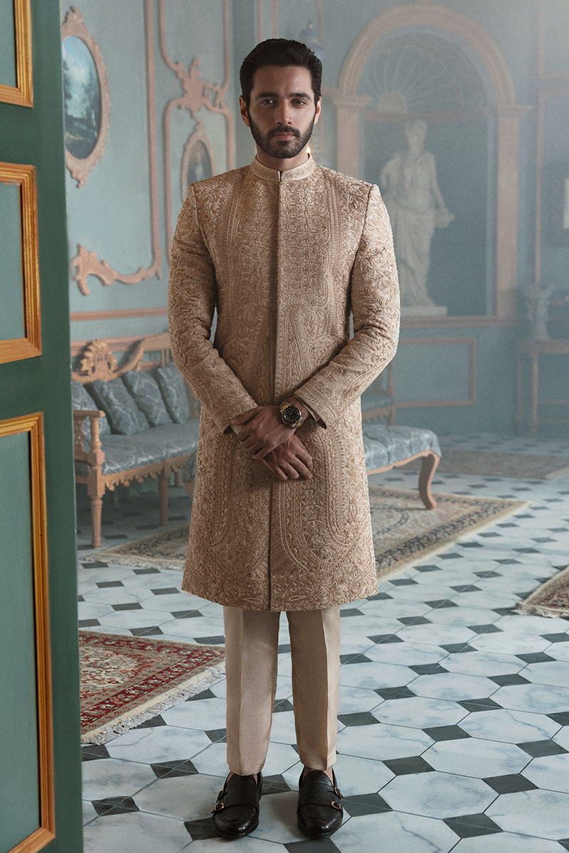 Beige Hand-Embroidered Jamawar Groom Sherwani (2-Piece) - Image 1