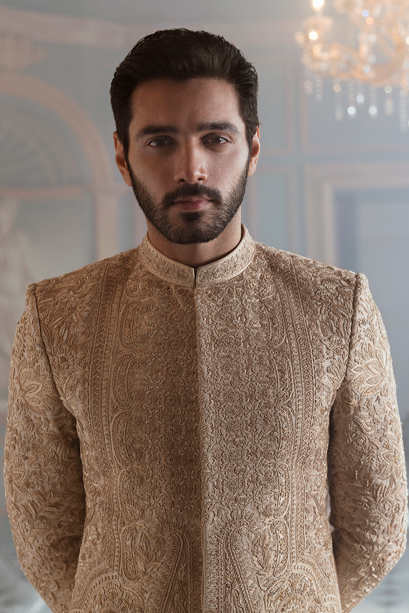 Beige Hand-Embroidered Jamawar Groom Sherwani (2-Piece) - Image 3