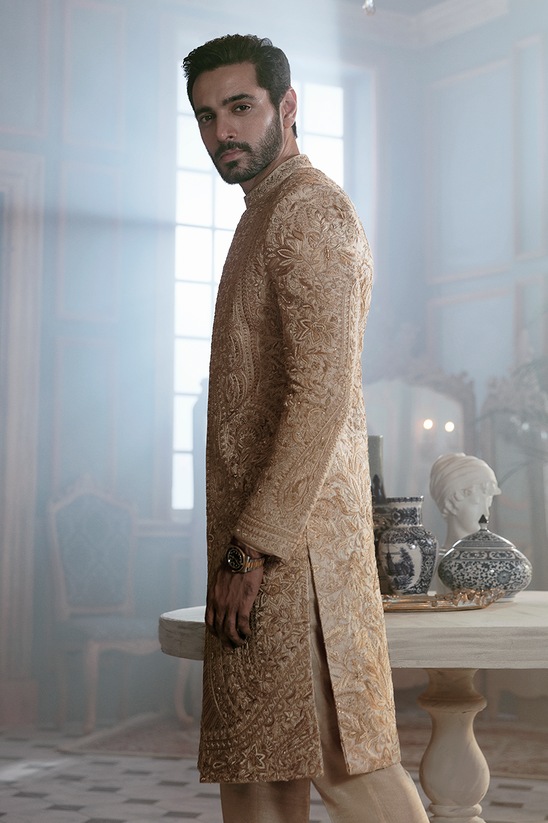 Beige Hand-Embroidered Jamawar Groom Sherwani (2-Piece) - Image 4
