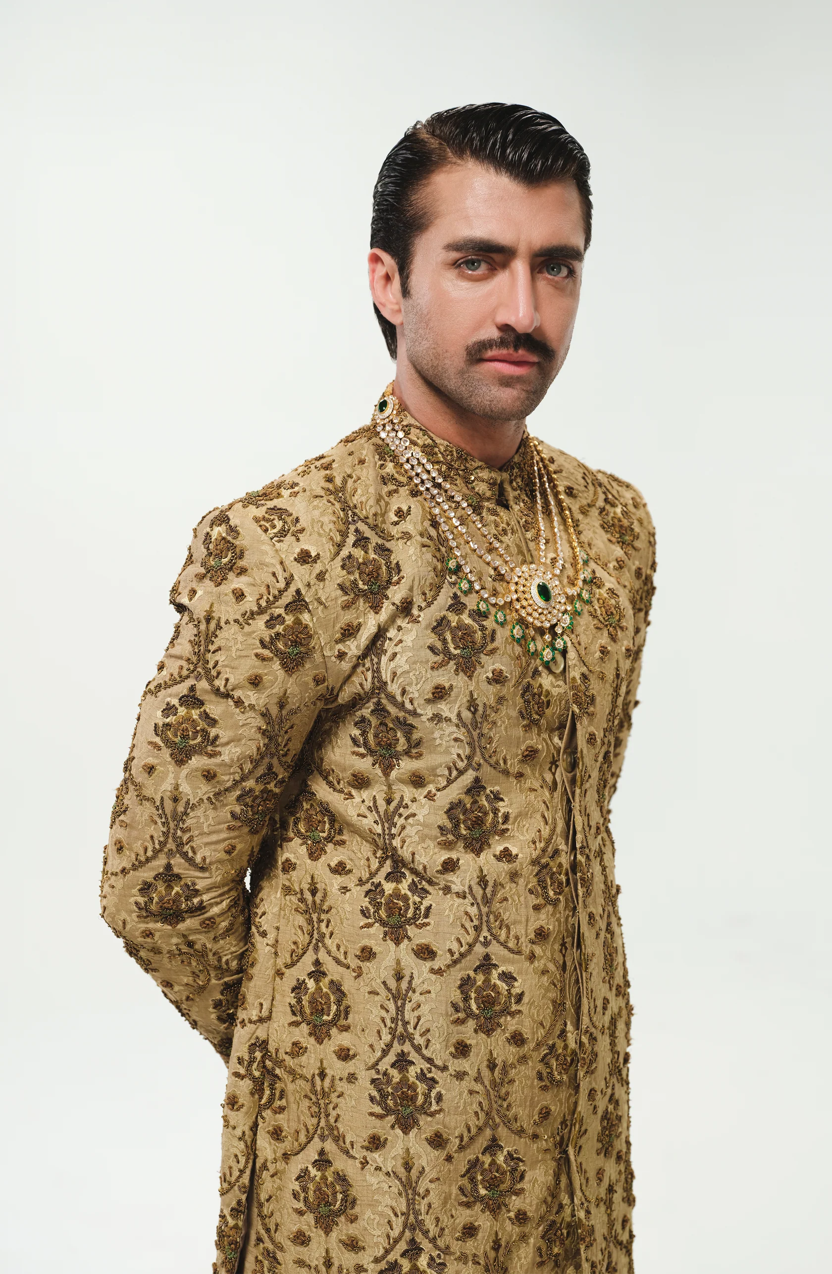 Beige Resham & Antique Gold Jamawar Groom Sherwani (3-Piece) - Image 1