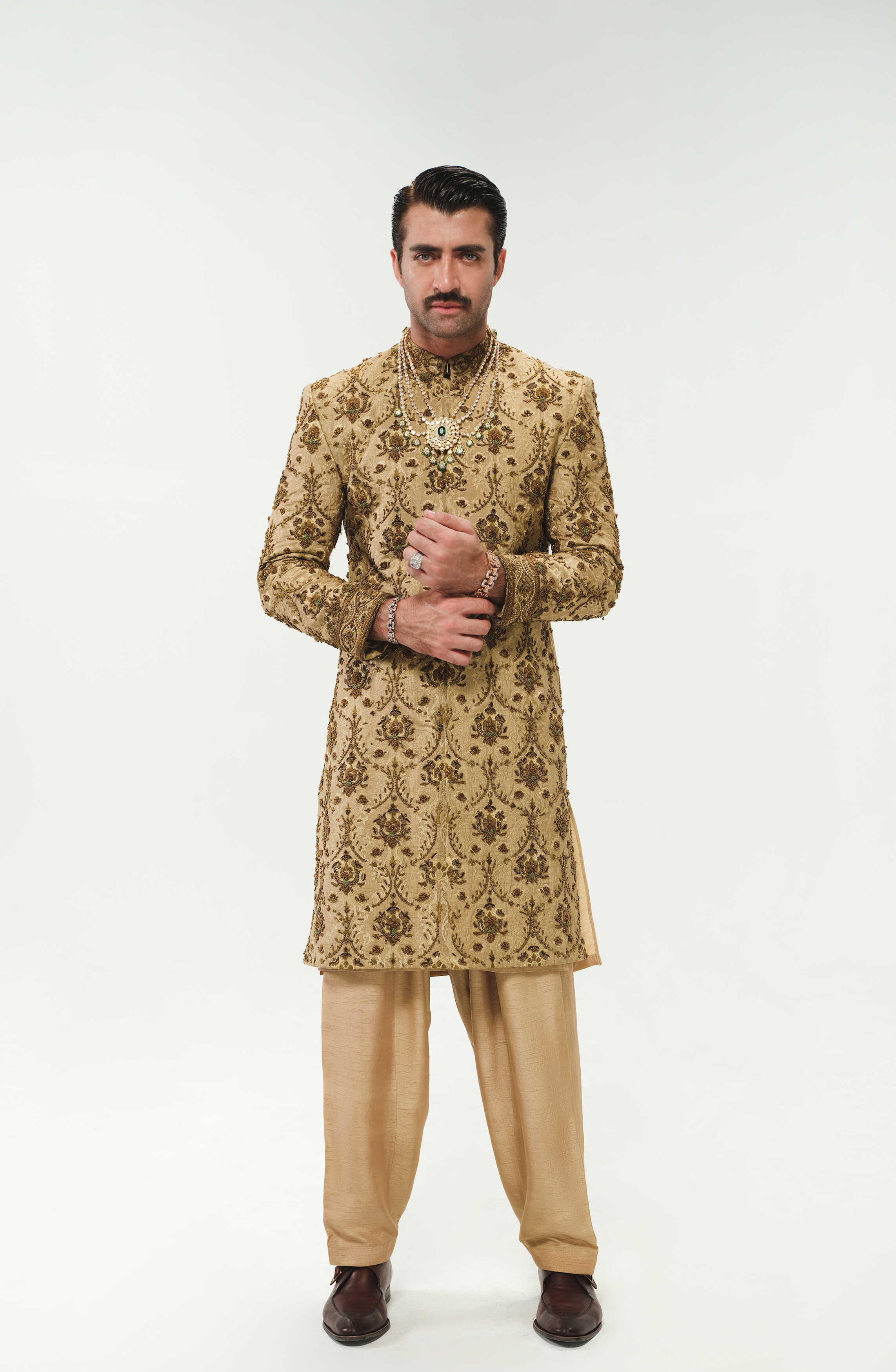 Beige Resham & Antique Gold Jamawar Groom Sherwani (3-Piece) - Image 2