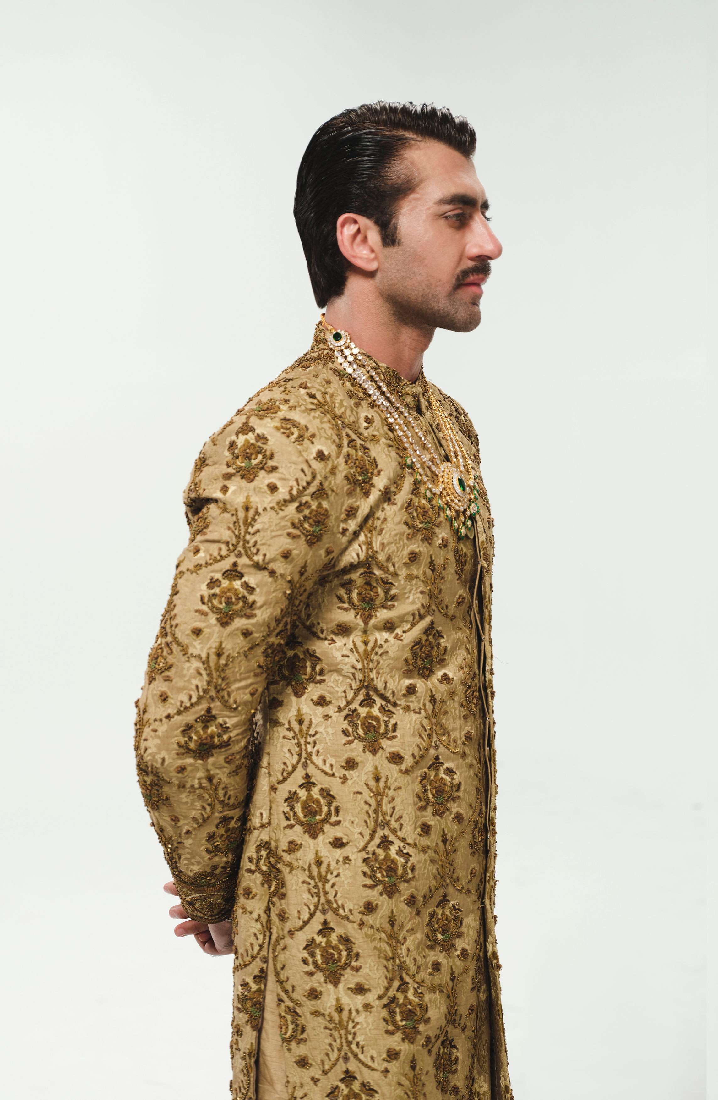 Beige Resham & Antique Gold Jamawar Groom Sherwani (3-Piece) - Image 3